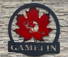 Load image into Gallery viewer, Maple Leaf With Beaver and Name Round 24&quot;, 14 ga metal, powder coated
