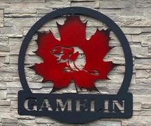 Load image into Gallery viewer, Maple Leaf With Beaver and Name Round 24", 14 ga metal, powder coated