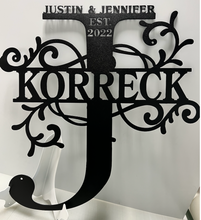 Load image into Gallery viewer, Family Letter Monogram CLASSIC Vines , 18&quot;-36&quot; 14 ga metal , powder coated.
