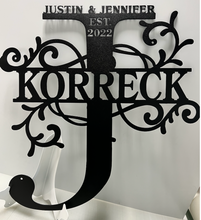 Load image into Gallery viewer, Family Letter Monogram CLASSIC Vines , 18"-36" 14 ga metal , powder coated.
