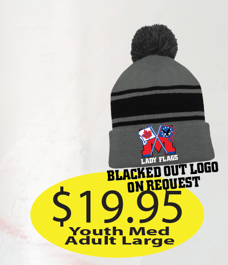 Lady Flags Pom Pom Toque Grey/Black with Logo Embroidered. (Blackout logo upon Request)