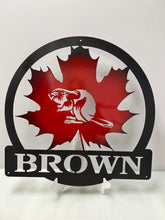 Load image into Gallery viewer, Maple Leaf With Beaver and Name Round 24&quot;, 14 ga metal, powder coated
