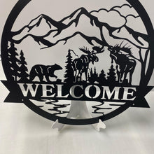 Load image into Gallery viewer, Wildlife Mountain Scene with Moose and Bear 24-36&quot;  ,14 ga metal , powder coated
