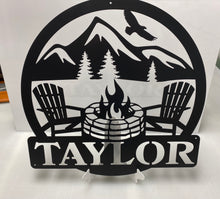 Load image into Gallery viewer, Camp Chairs &amp; Fire  Scene with Name 24-36&quot; ,14 ga metal , powder coated
