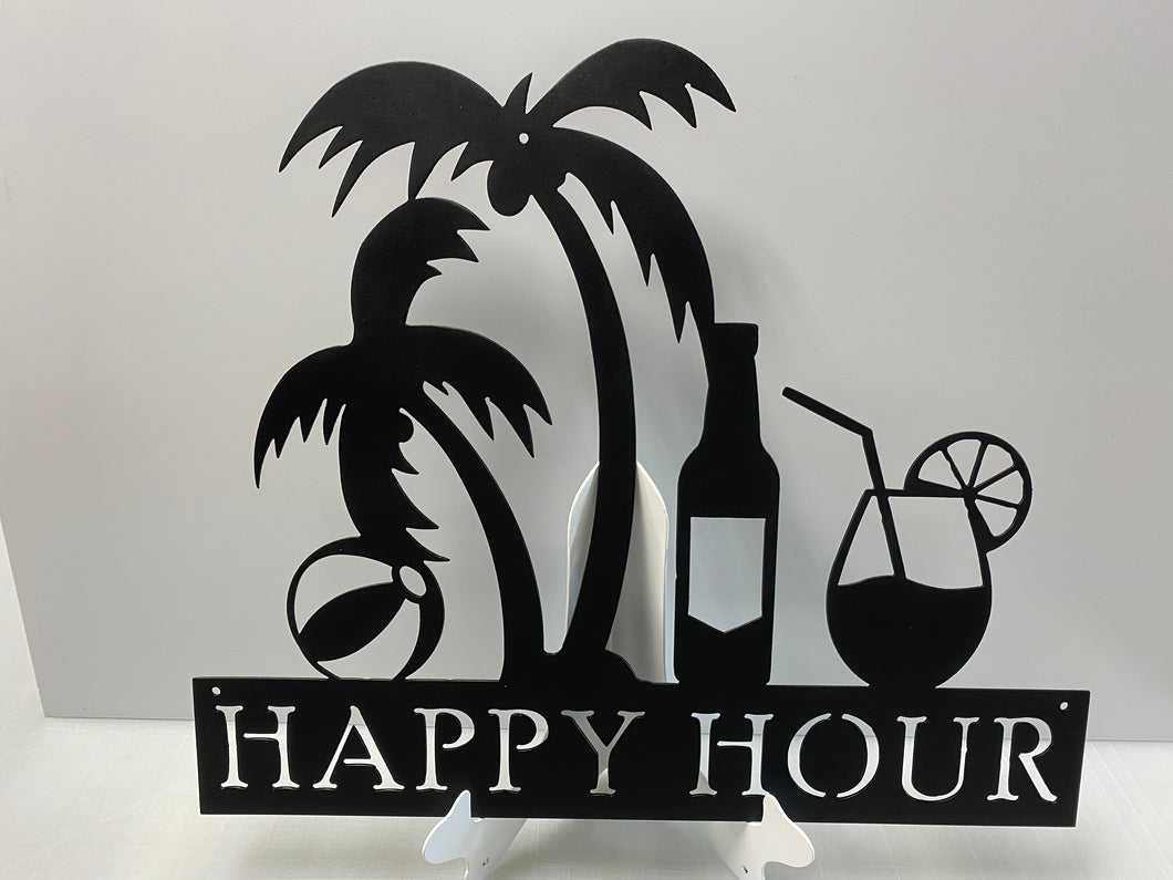 Happy Hour Sign with Palm Trees , 14 Ga metal , powder coated.