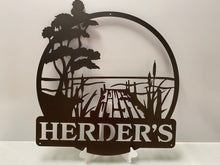 Load image into Gallery viewer, Dock Scene with family name 24&quot; Round  ,14 ga metal , powder coated
