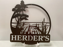 Load image into Gallery viewer, Dock Scene with family name 24&quot; Round  ,14 ga metal , powder coated
