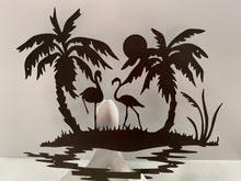 Load image into Gallery viewer, Palm Tree Island with Flamingos Scene 21x19,  14 ga metal , powder coated.
