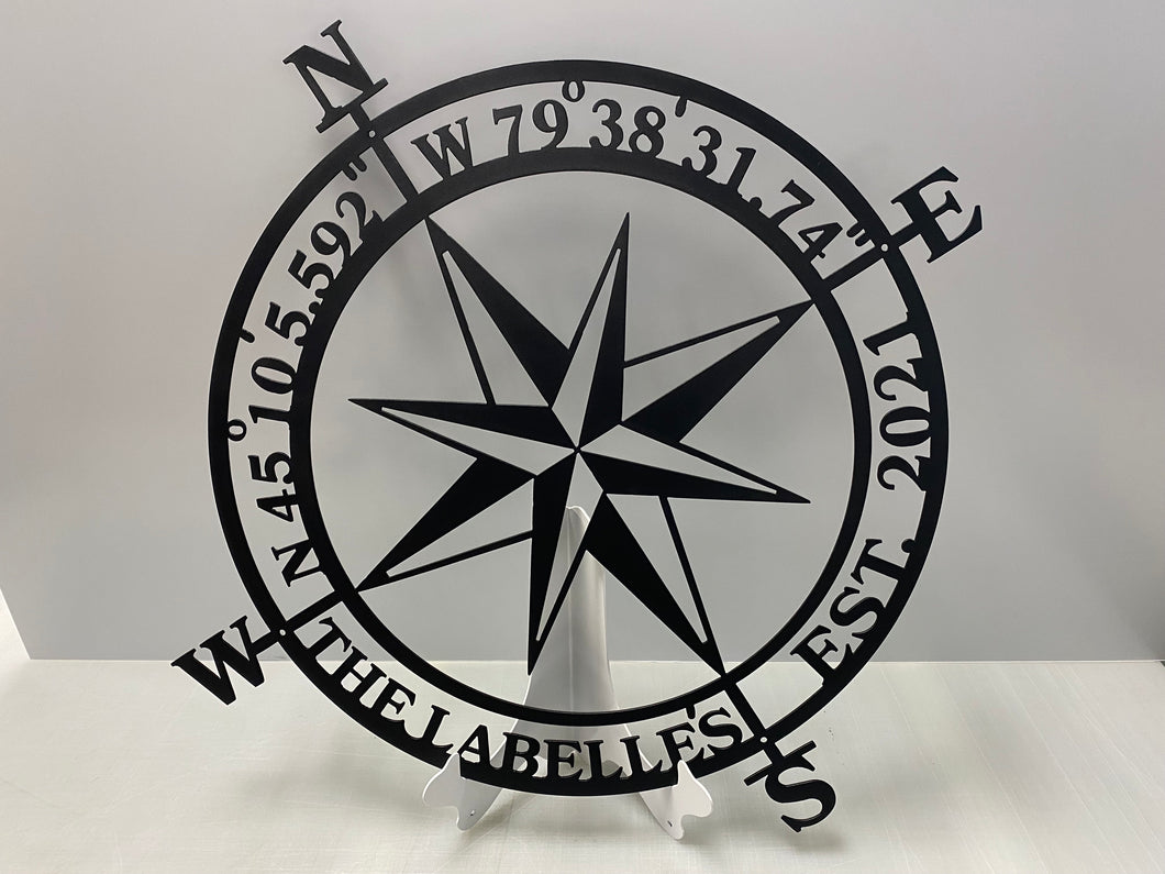 Compass with Coordinates and name Metal Wall Art 24-36