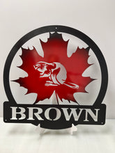 Load image into Gallery viewer, Maple Leaf With Beaver and Name Round 24&quot;, 14 ga metal, powder coated
