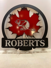 Load image into Gallery viewer, Maple Leaf With Beaver and Name Round 24&quot;, 14 ga metal, powder coated
