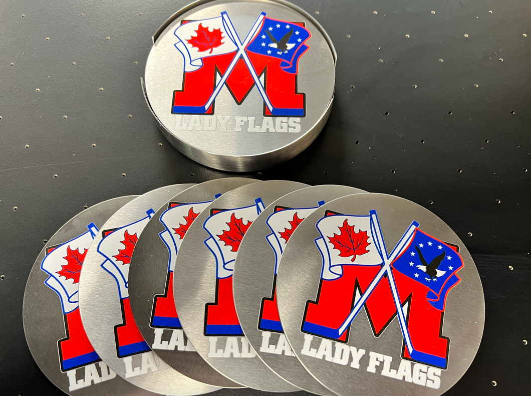 Lady Flags Stainless Steel Coaster Set of 6 and holder